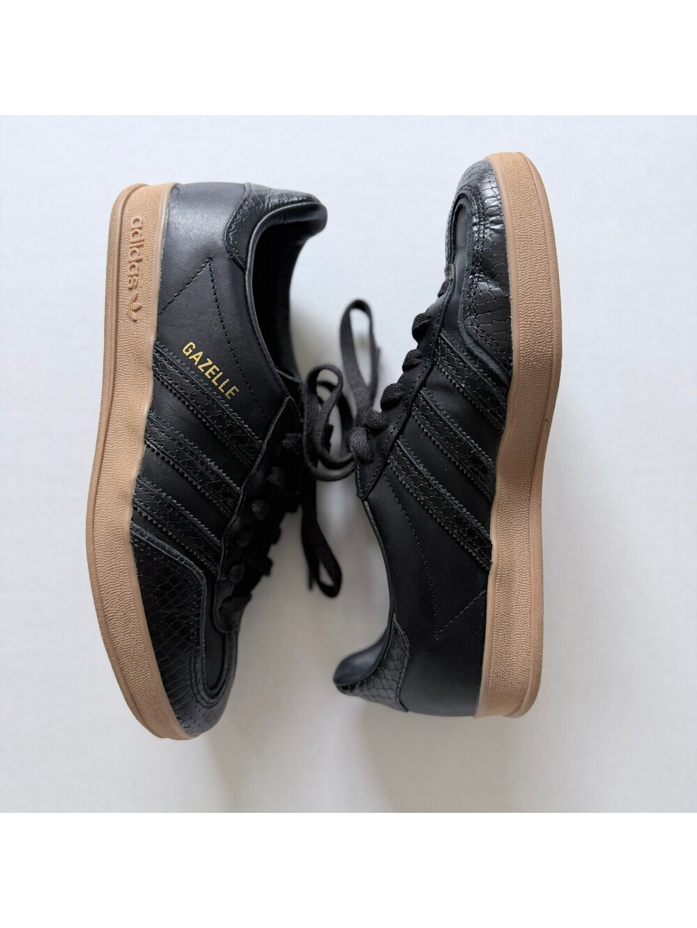 Adidas Gazelle Black Leather Sneakers with Gum Sole, Size US 6.5 - Picture 2 of 6